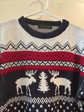 Sapphire Classic Knit Fair Isle Moose Pullover Sweater kid size L Navy white red